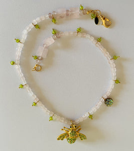 Rose Quartz With Vintage Lime Bumblebee Enhancement Necklace N43