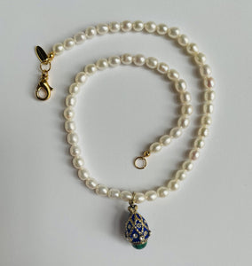 Freshwater Pearls with Vintage Navy and Malachite Russian Egg Charm