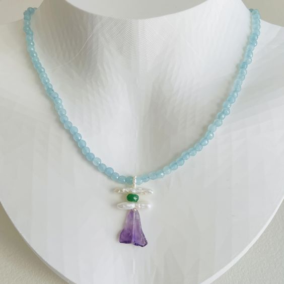 Sky Blue Jade, Pearl and Amethyst Necklace