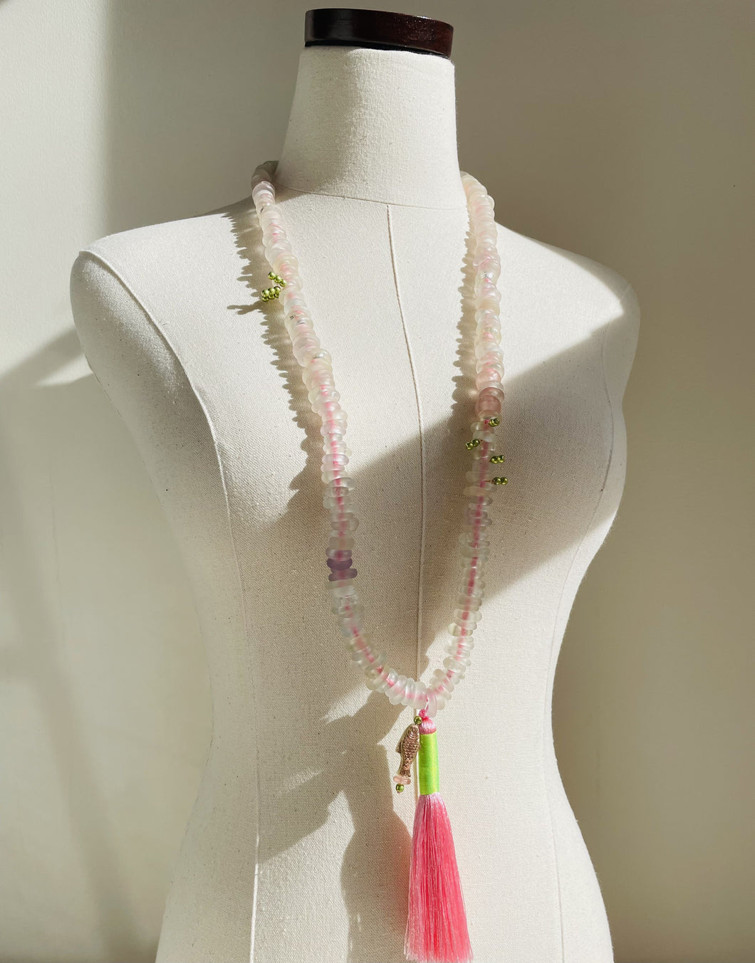 Antique Translucent European Glass Bead Necklace With Pink Tassel N71