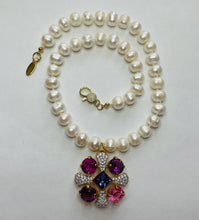 Load image into Gallery viewer, FRESH WATER PEARLS WITH VINTAGE SIGNED SWAROVSKI BROOCH NECKLACE  N69
