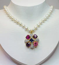 Load image into Gallery viewer, FRESH WATER PEARLS WITH VINTAGE SIGNED SWAROVSKI BROOCH NECKLACE  N69
