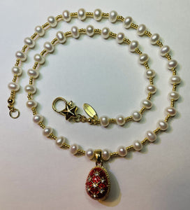Freshwater Pearls with Red Vintage Russian Egg Charm  N72