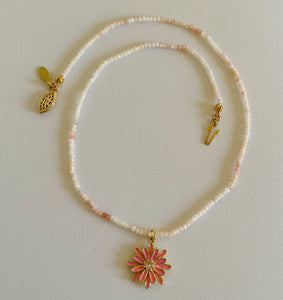 Pink Peruvian Opal with Daisy Charm Necklace  N24