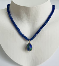 Load image into Gallery viewer, Navy Jade with Navy and Green Vintage Russian Egg Charm Necklace N57
