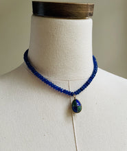Load image into Gallery viewer, Navy Jade with Navy and Green Vintage Russian Egg Charm Necklace N57
