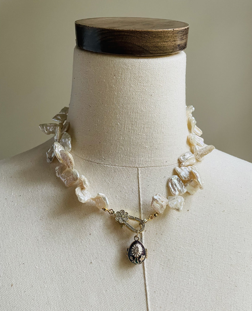 Baroque Pearls With Vintage Aubergine Egg Charm Necklace  N50