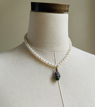 Load image into Gallery viewer, Freshwater Pearls with Vintage Navy and Malachite Russian Egg Charm
