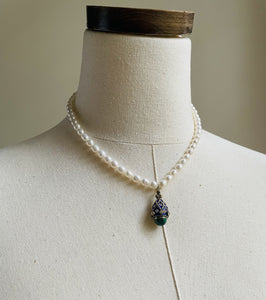 Freshwater Pearls with Vintage Navy and Malachite Russian Egg Charm
