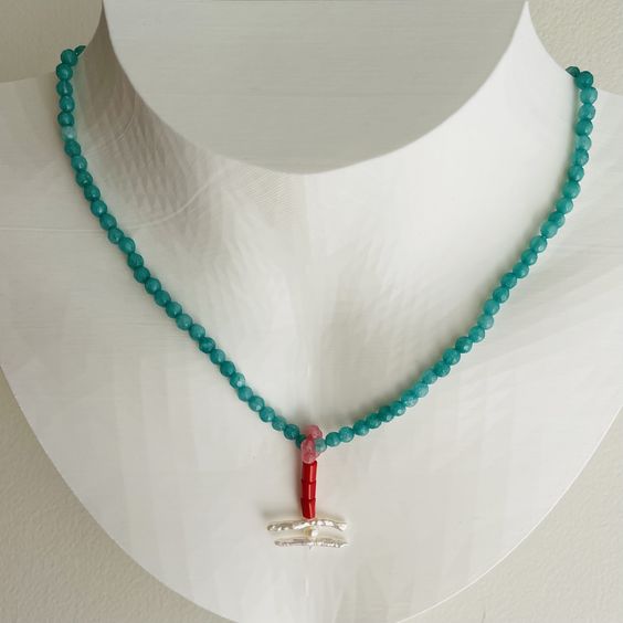 Red Orange Coral, Turquoise Jade and Pearl Necklace