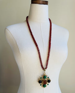 33" Long Carnelian With Vintage Medallion Necklace  N28