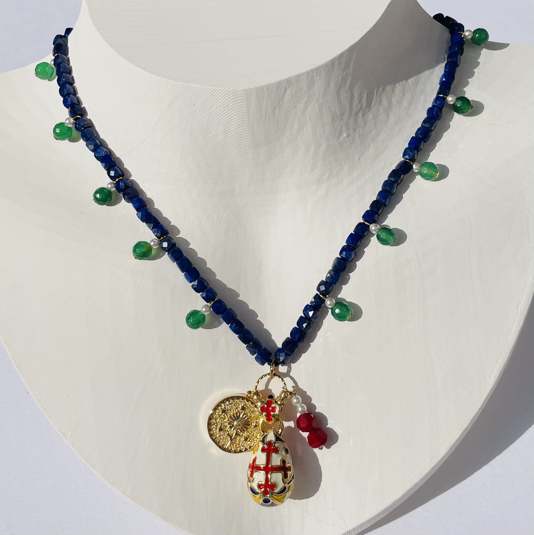 Lapis and Green Jade With Vintage Egg Charm Necklace N20