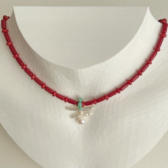 Red Coral and Freshwater Baroque Pearl Necklace  N46