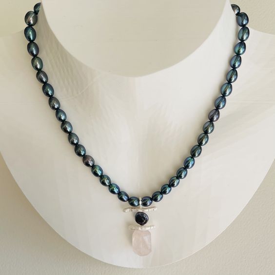 Peacock Pearls and Rose Quartz Necklace
