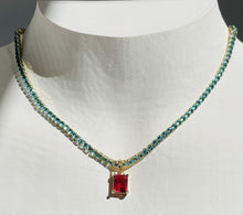 Load image into Gallery viewer, Turquoise CZ Chain and Rose CZ Charm Necklace  N33
